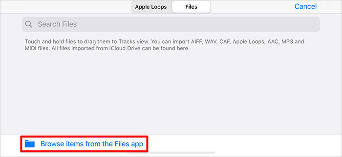 Przeglądaj elementy z aplikacji File w GarageBand aplikacja na iPhone'a