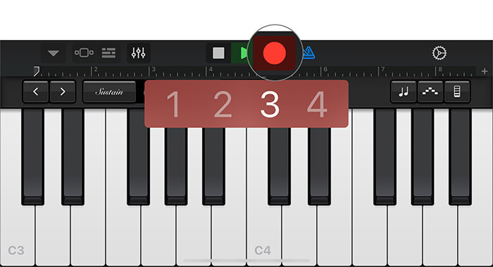 Kliknij czerwoną kropkę, aby nagrać swój głos w aplikacji GarageBand na iPhonie