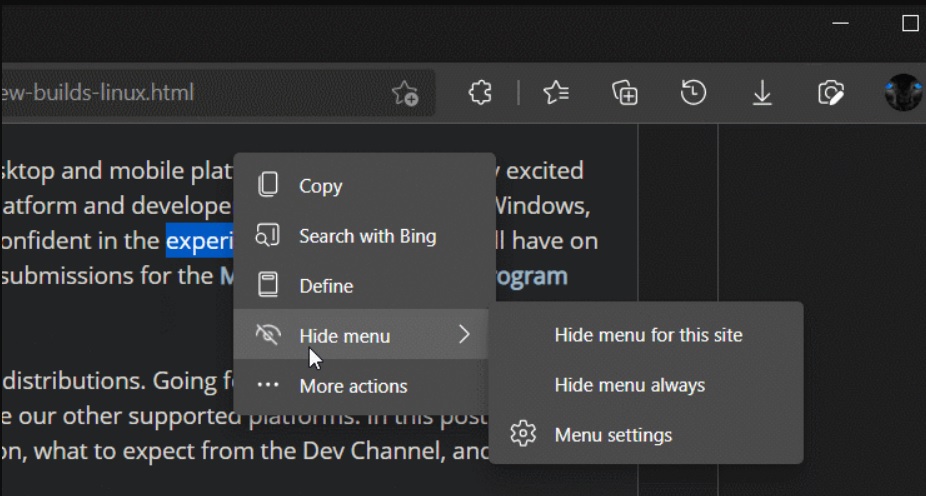 Mini menu Microsoft Edge