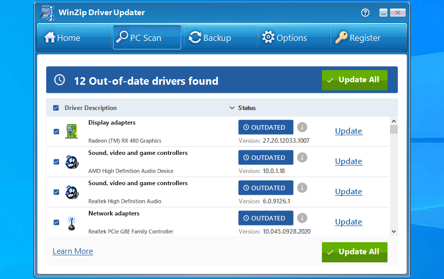 Interfejs programu WinZip Driver Updater