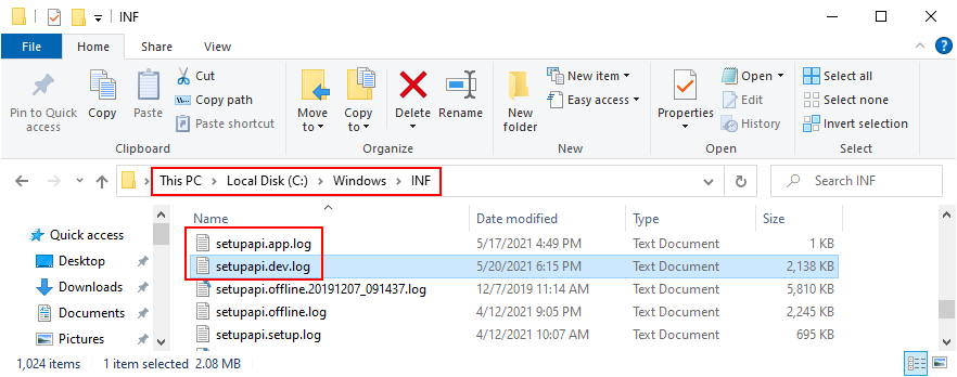 Eksplorator Windows pokazuje, jak uzyskać dostęp do pliku dziennika setupapi
