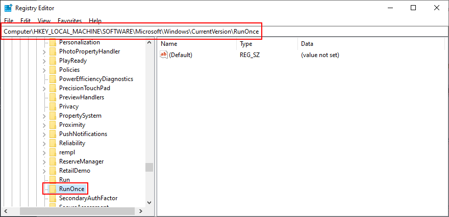 Registry Editor shows how to check the RunOnce key in Local Machine