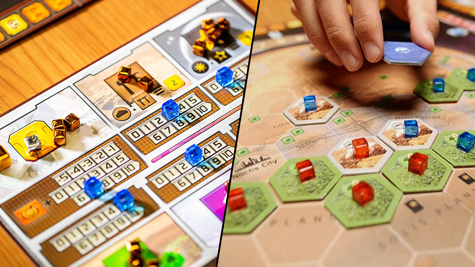 Dwa widoki elementów gry planszowej Terraforming Mars