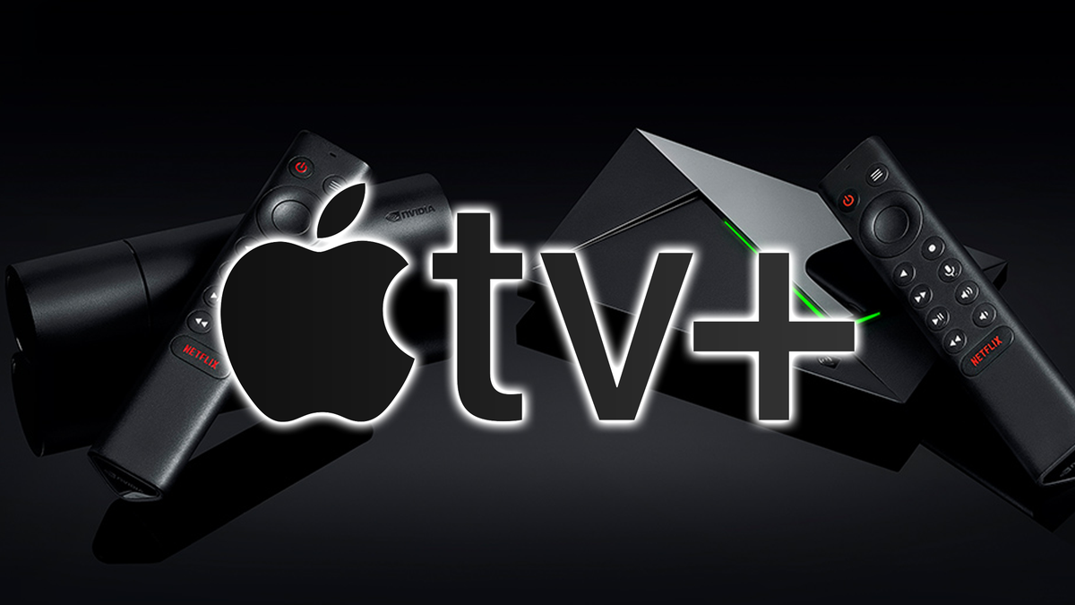 Logo Apple TV+ nad urządzeniami NVIDIA Shield TV.