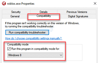 Roblox,exe Właściwości Zgodność Uruchom ten program w trybie zgodności dla Sprawdź Windows 8