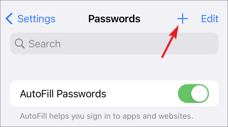 dotknij plus, aby dodać hasło w iCloud pęk kluczy z iPhone'a