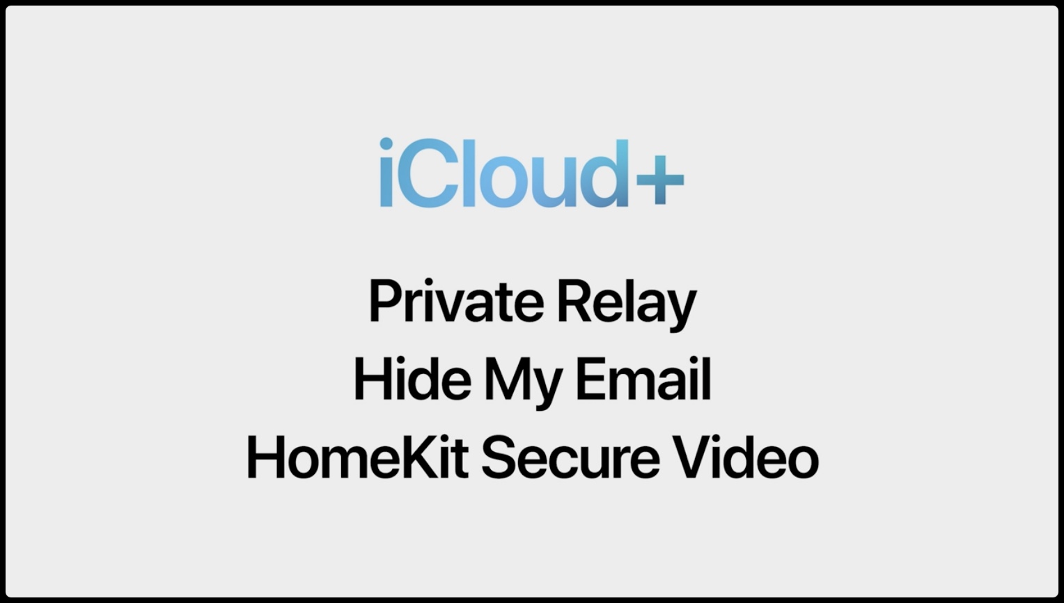 Slajd Apple WWDC21 promujący iCloud+ z listą funkcji, takich jak iCloud iCloud Private Relay, Ukryj Mój e-mail i HomeKit Secure Video