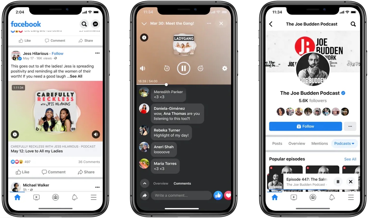 Zrzut ekranu przedstawiający trzy ekrany z Facebook Live Audio Rooms na iPhonie