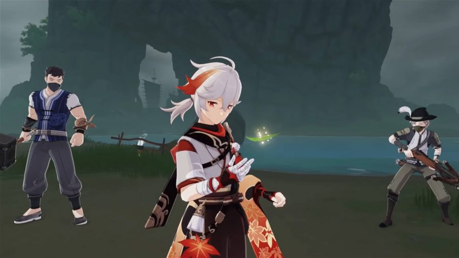 Kazuha wpatruje się w liść jako wrogowie otocz go”. width=