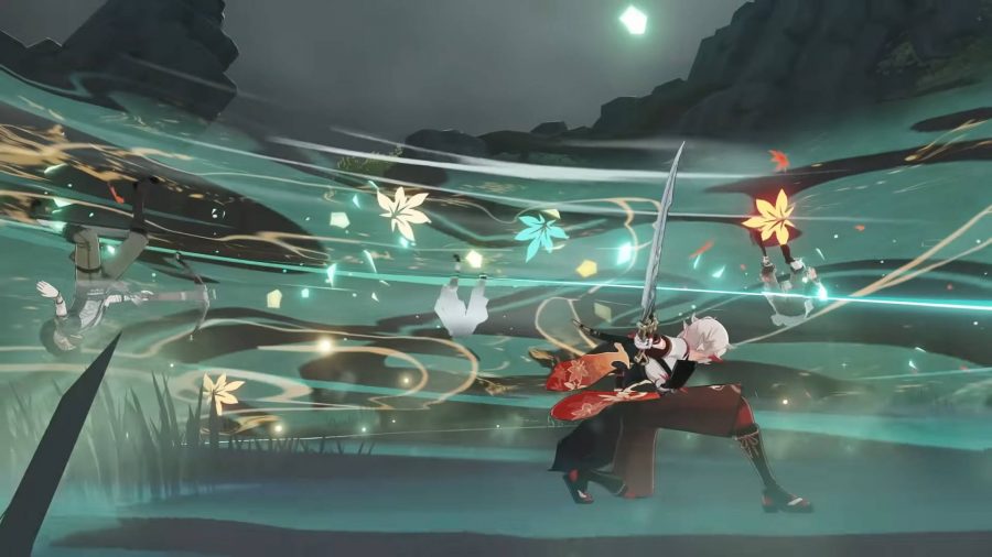 Kazuha atakuje wielu wrogów jednym atakiem wzmocniony przez mistrzowską konfigurację żywiołów. ”. width=