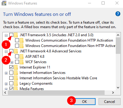 Odznacz opcje Dotnet Framework