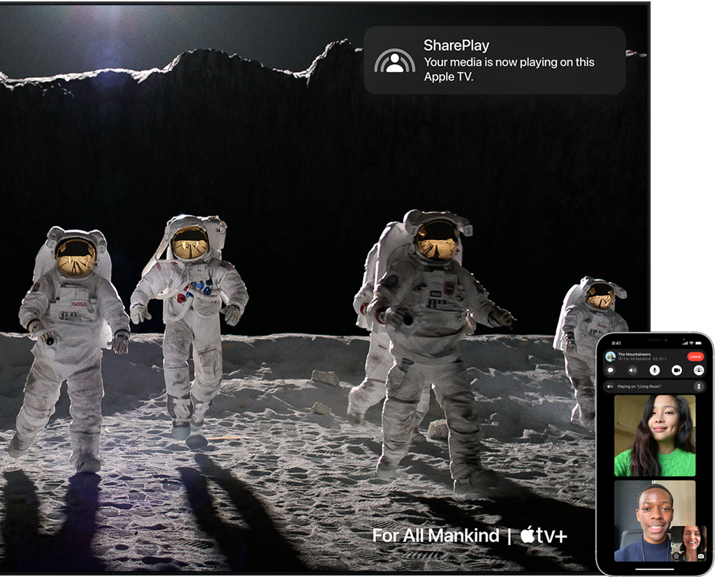 Obraz promocyjny wyświetlający Rozmowa wideo FaceTime na iPhonie z SharePlay na Apple TV