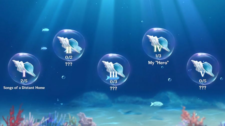 genshin-impact-conch-locations-chapters Pięć bąbelków reprezentujących echa muszli na wyspach w Genshin Impact