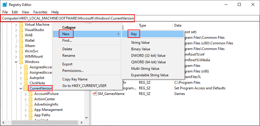 Registry Editor shows how to create a new key in Current Version