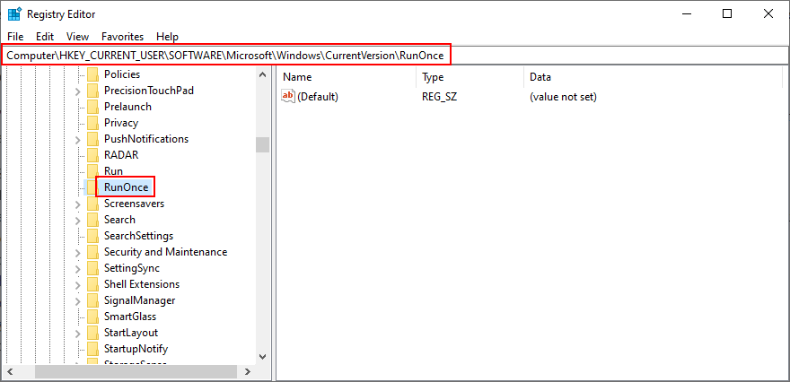 Registry Editor shows how to check the RunOnce key in Current User