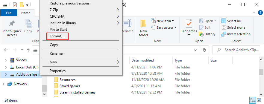 Windows Explorer shows how to format a drive
