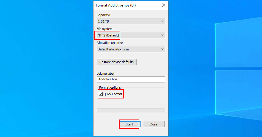 Windows Explorer shows how to configure drive format settings