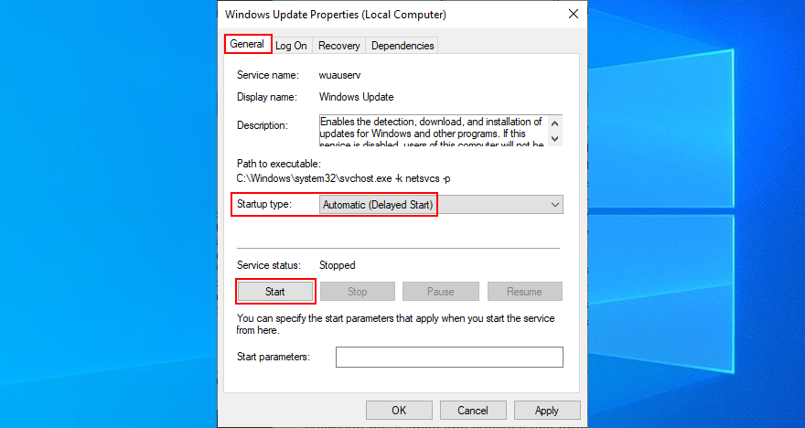 Windows 10 показывает, как изменить свойства службы Центра обновления Windows
