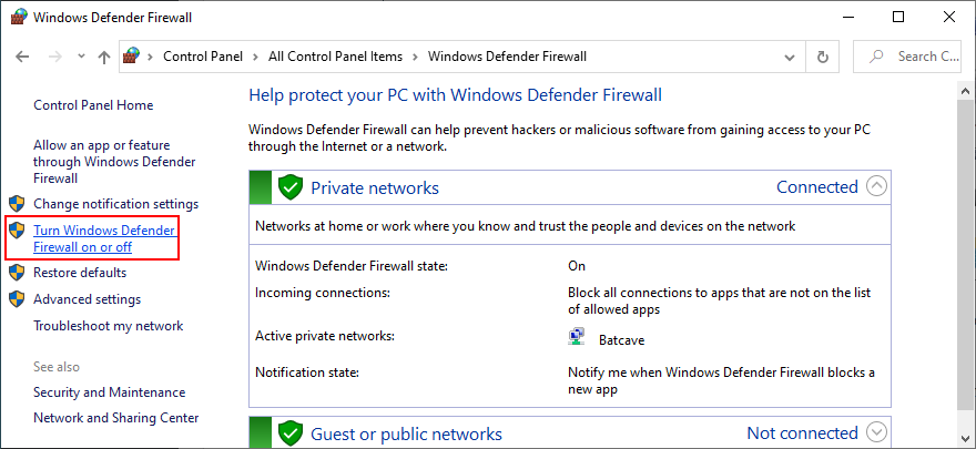 Control Panel shows how to turn Windows Defender Firewall on or off