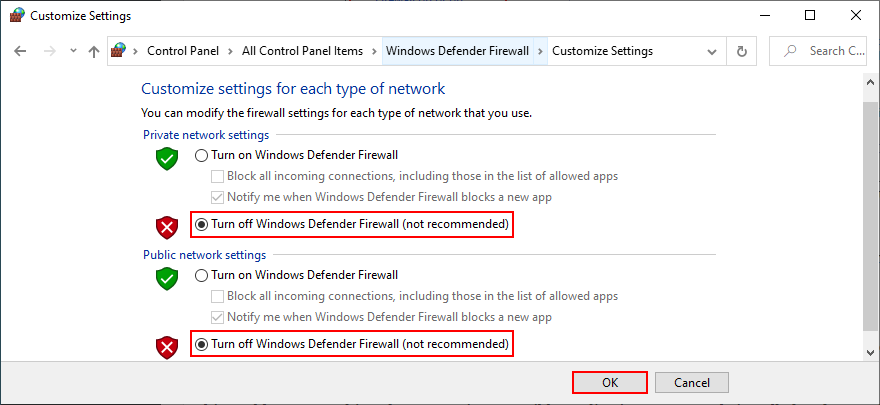 Control Panel shows how to turn off Windows Defender Firewall