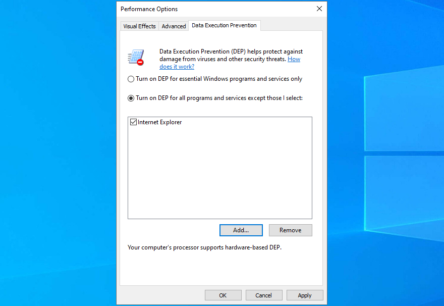 Windows 10 shows how to manage data execution prevention settings