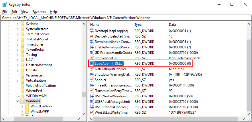 Registry Editor shows how to check LoadAppInit_DLLs