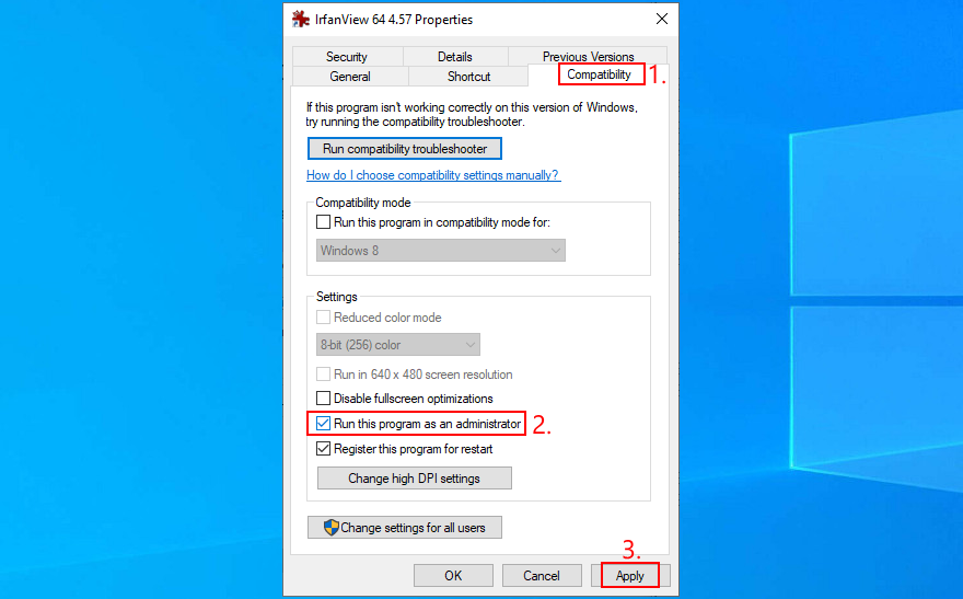 Windows 10 показывает, как настроить параметры совместимости для IrfanView