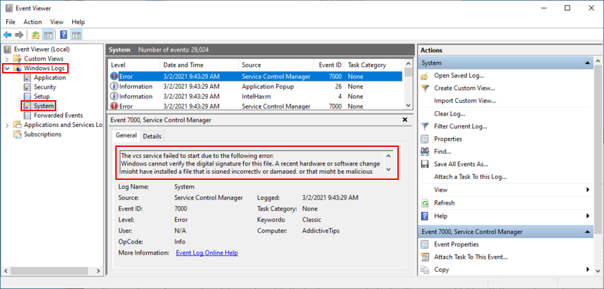 Windows shows how to inspect a system error in Event Viewer