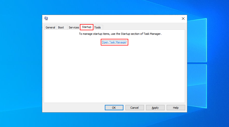 В Windows 10 показано, как открыть диспетчер задач из приложения конфигурации системы