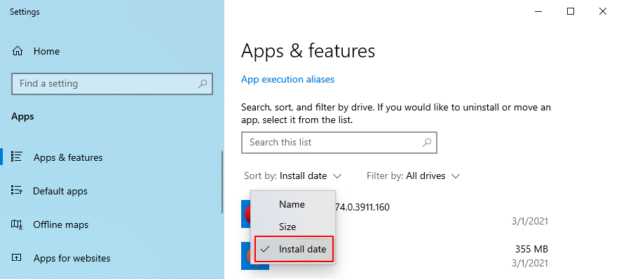 Windows 10 показывает, как сортировать приложения по дате установки