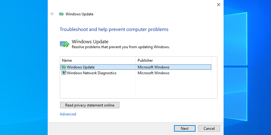 The graphical interface of the Windows Update Diagnostic utility