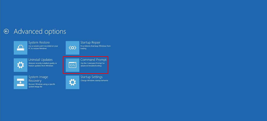 Windows 10 shows how to access Command Prompt from the advanced startup mode