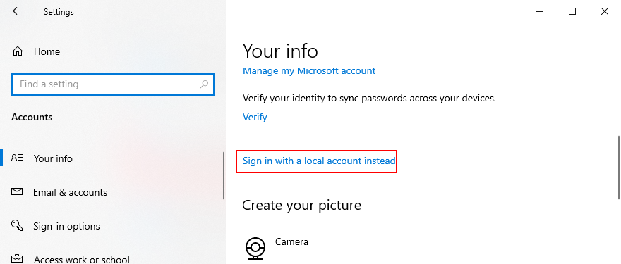 Windows 10 shows how to sign in with a local account instead