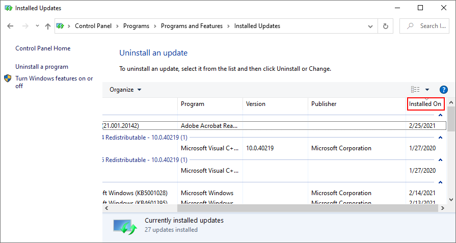 Windows 10 показывает, как отсортировать установленные обновления Windows по дате