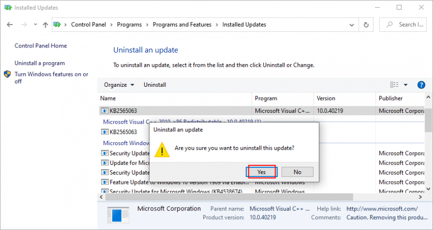 Windows 10 показывает, как подтвердить удаление обновлений Windows