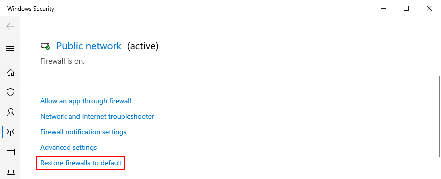 Windows Security shows how to restore firewalls to default