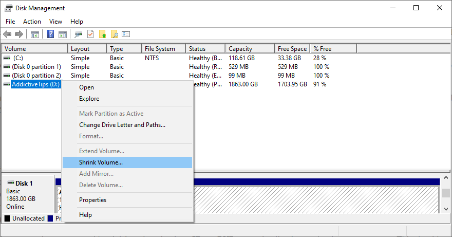 Windows shows how to shrink a volume using Disk Management