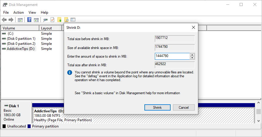 Windows shows how to set the shrink size in Disk Management