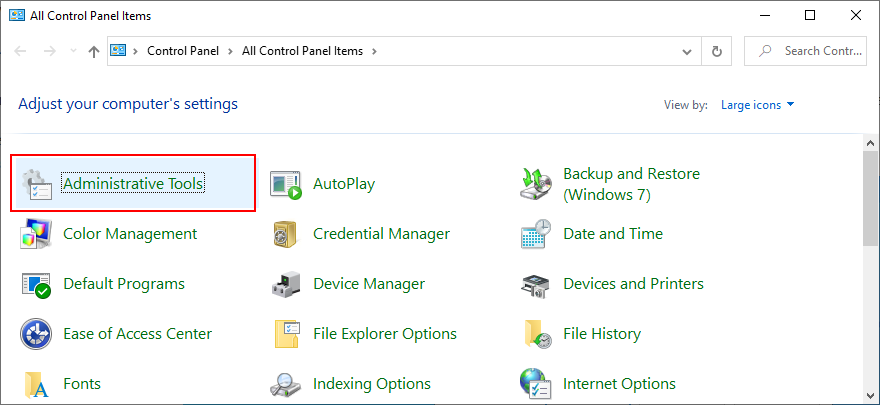 Windows shows how to access Administrative Tools from Control Panel