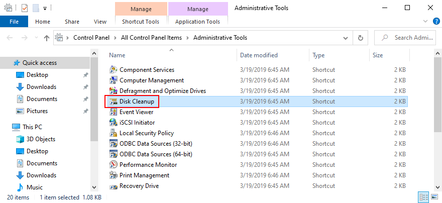 Windows shows how to access Disk Cleanup from Administrative Tools