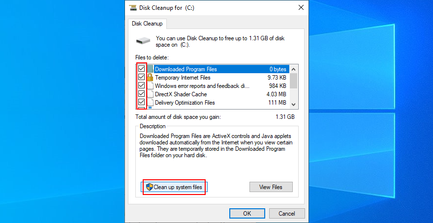 Windows 10 shows how to select files for Disk Cleanup