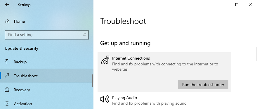 Windows 10 shows how to run the Internet Connections troubleshooter