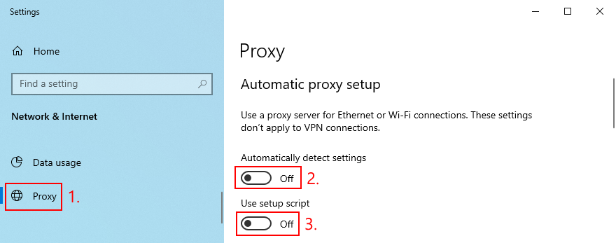 Windows 10 shows how to disable automatic proxy setup