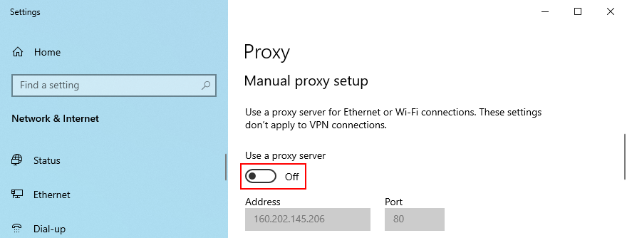 Windows 10 shows how to disable manual proxy setup