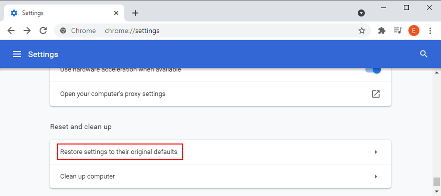 Google Chrome shows how to access the option for restoring browser settings to default