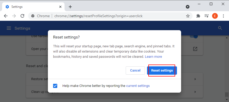 Google Chrome shows how to reset settings to default