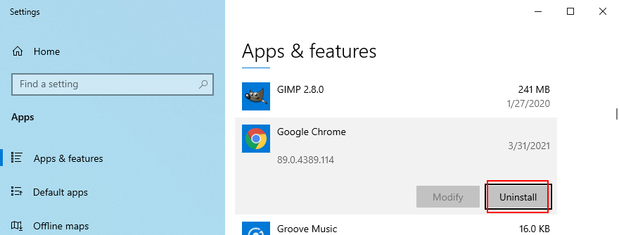 Windows 10 shows how to uninstall Google Chrome