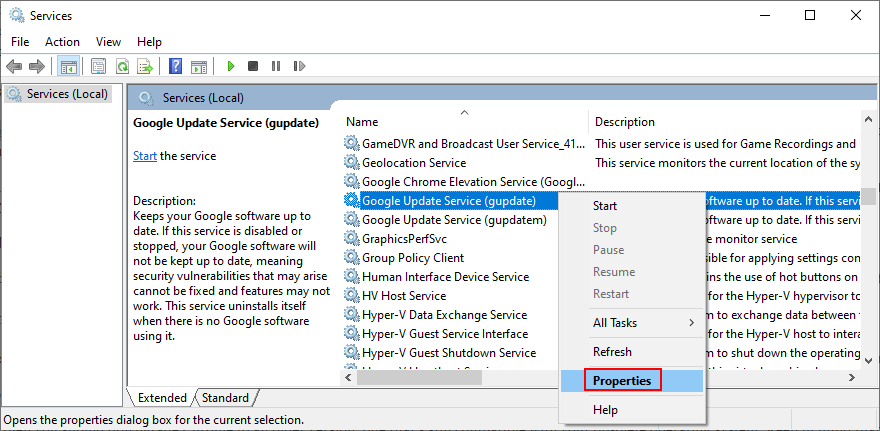 how to access the properties of Google Update Service (gupdate)