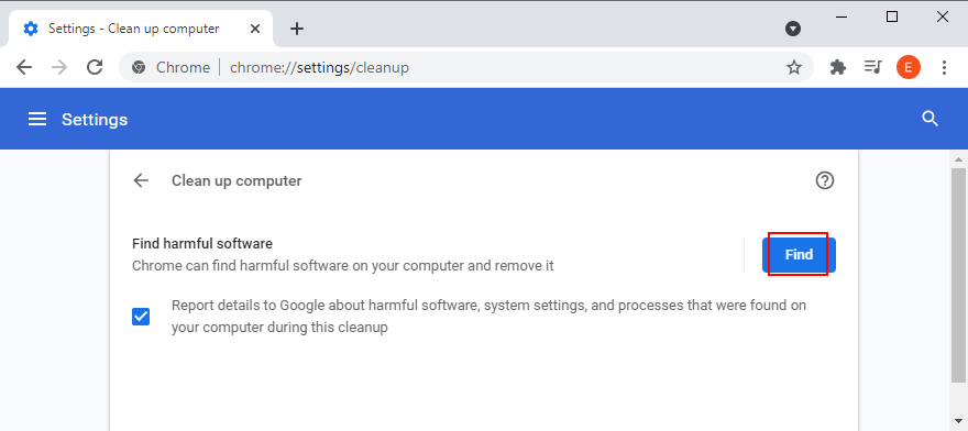 Google Chrome shows how to use the Find harmful software option