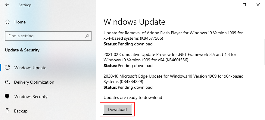 Windows 10 shows how to download system updates